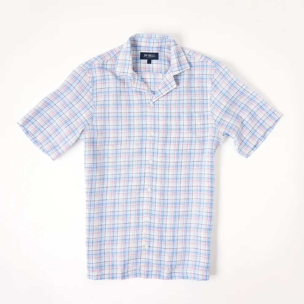 White plaid short-sleeve camp shirt